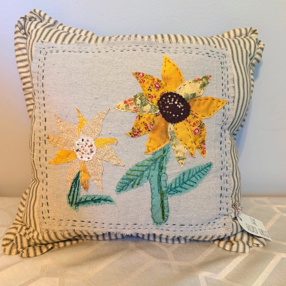 Fall Sunflower Throw Pillow 15x15  New Handmade Applique Fall Season Drop cloth